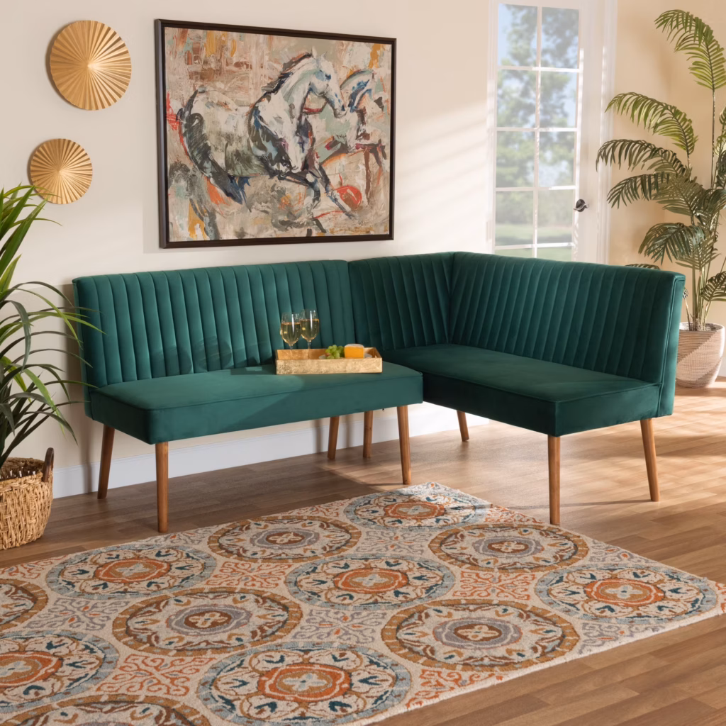 Baxton Studio Alvis Mid-Century Modern Emerald Green Velvet Upholstered Back 2-Piece Dining Corner Bench Baxton Studio Alvis Mid-Century Modern Emerald Green Velvet Upholstered Back 2-Piece Dining Corner Bench