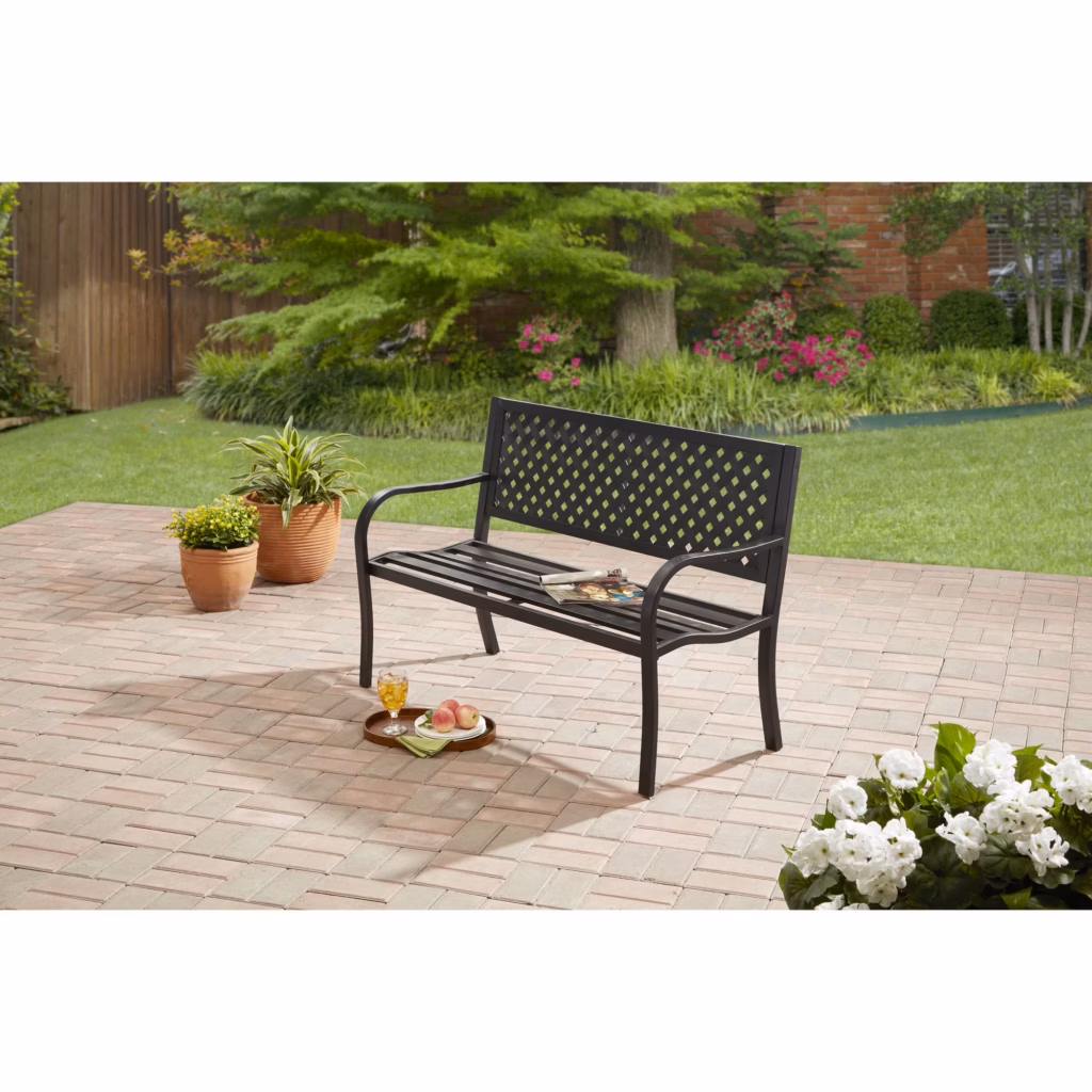 Mainstays Lattice High Back Slat Seat Steel Outdoor Bench, Black - Seats 2 Mainstays Lattice High Back Slat Seat Steel Outdoor Bench, Black - Seats 2